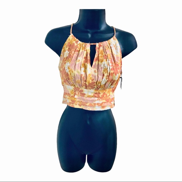 Orange multicolor shirred cutout bust tiered hem cropped halter top size XS new - Picture 12 of 12